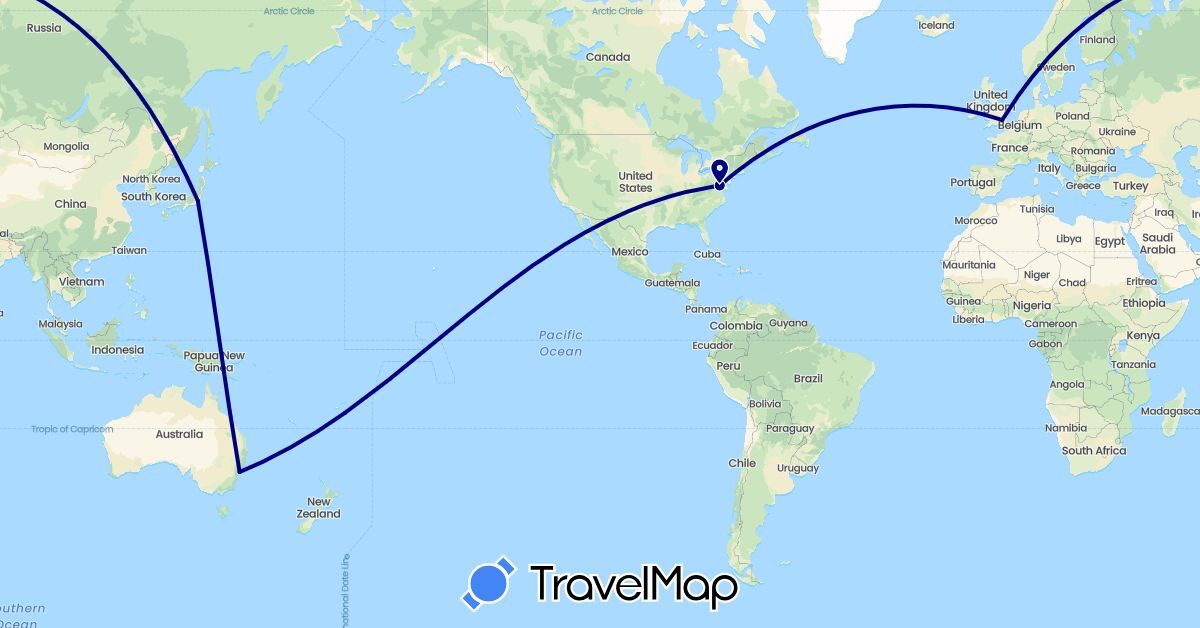 TravelMap itinerary: driving in Australia, United Kingdom, Japan, United States (Asia, Europe, North America, Oceania)